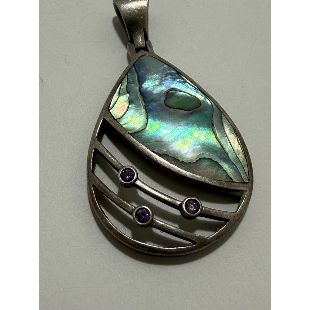 Vintage Sterling Silver Teardrop Abalone Shell Pendant with Amethyst 925 - Picture 2 of 5